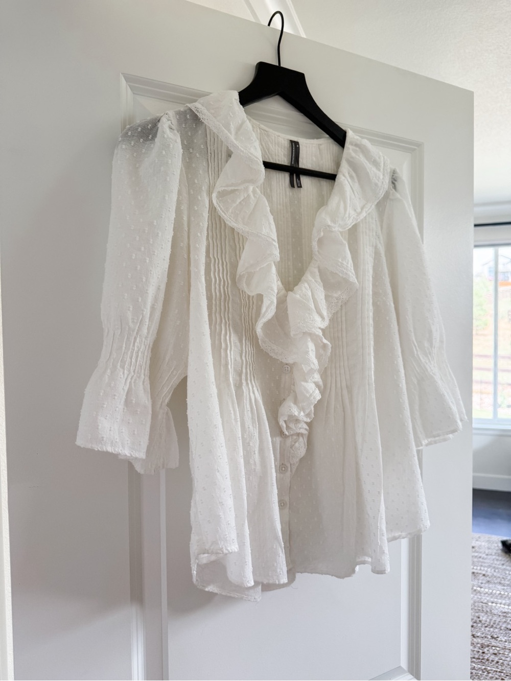 Anthropologie White Ruffled Swiss Dot Blouse